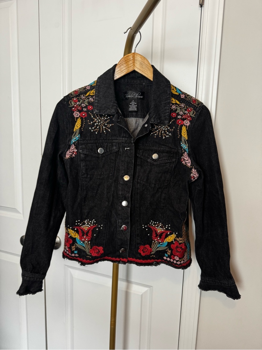 Boho Embroidered & Beaded Black Denim Jacket - Picture 2 of 6